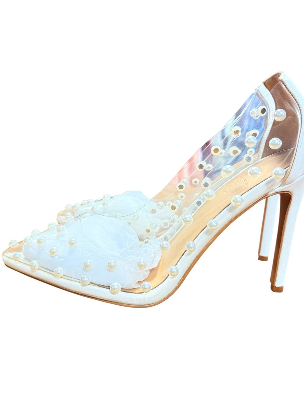 Pearl-Trimmed White Pointed-Toe Stiletto Heels